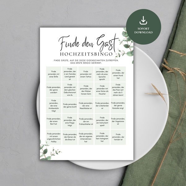 Hochzeitsbingo | Hochzeitsspiel für Gäste | Hochzeitsspiel "Finde den Gast" zum ausdrucken | Spiel für Hochzeit | Bingo Hochzeit deutsch