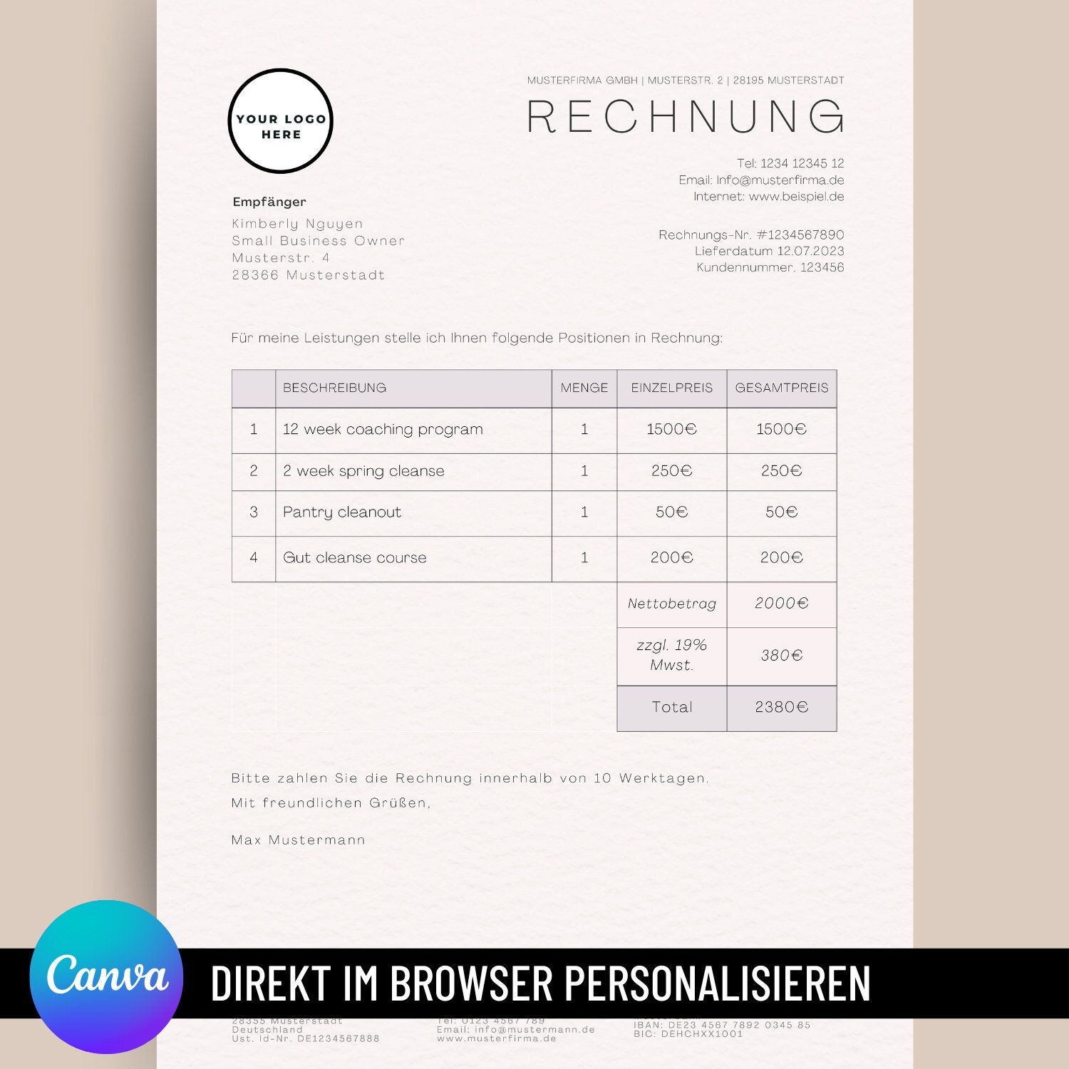 Rechnungsvorlage deutsch Rechnungsvorlage Canva Personalisierbare
