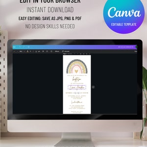 May include: A digital template for a baptism invitation with a rainbow, heart, and gold stars. The text reads "Join us as we celebrate the baptism of our daughter Lena Jordan!"  The invitation includes the date, time, and location of the baptism, as well as the address for the reception.