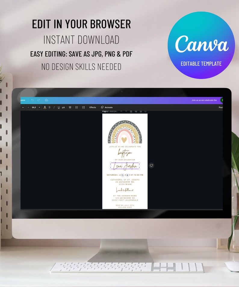 May include: A digital template for a baptism invitation with a rainbow, heart, and gold stars. The text reads "Join us as we celebrate the baptism of our daughter Lena Jordan!"  The invitation includes the date, time, and location of the baptism, as well as the address for the reception.