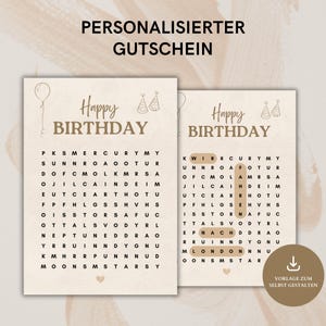 Könnte beinhalten: Zwei druckbare Wortsuchrätsel mit braunem Hintergrund und dem Text "Happy Birthday". Die Rätsel enthalten die Wörter "Happy Birthday" und andere verwandte Wörter.