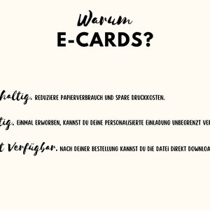 May include: A white background with black text that reads "Why E-Cards?" and lists three reasons: "Sustainable", "Affordable", and "Instantly Available". The text is surrounded by green watercolor leaves.