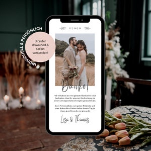 Dankeskarte Hochzeit digital | Danksagung Hochzeit zum personalisieren mit Foto | Ecard Dankeskarte Hochzeit Whatsapp