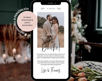 Dankeskarte Hochzeit digital | Danksagung Hochzeit zum personalisieren mit Foto | Ecard Dankeskarte Hochzeit Whatsapp