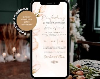 May include: A digital invitation for a confirmation ceremony. The invitation features a floral design with a peach and white color scheme. The text reads "Einladung zu meiner Konfirmation Lasst uns feiern!"  The date and time of the event are listed as "09 APR 2023, 11:00 Uhr".