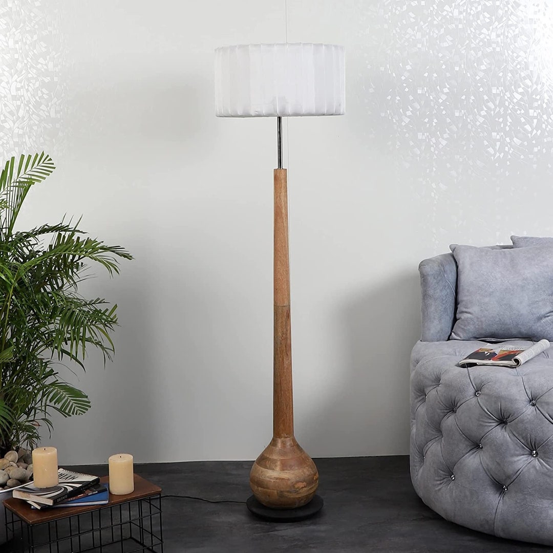 Solid Wood Cotton White Shade Floor Lamp Foot Switch Holder Etsy