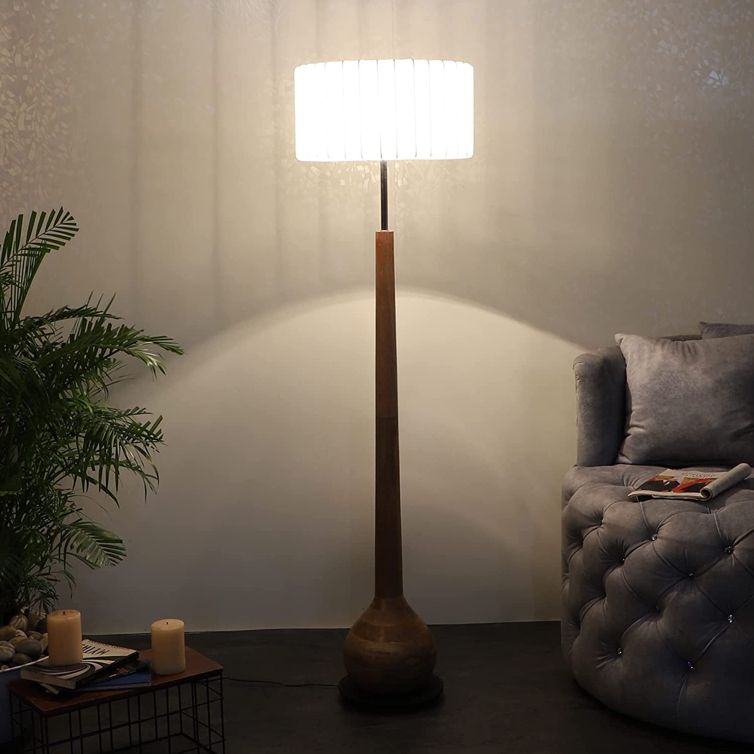 Solid Wood Cotton White Shade Floor Lamp Foot Switch Holder Etsy