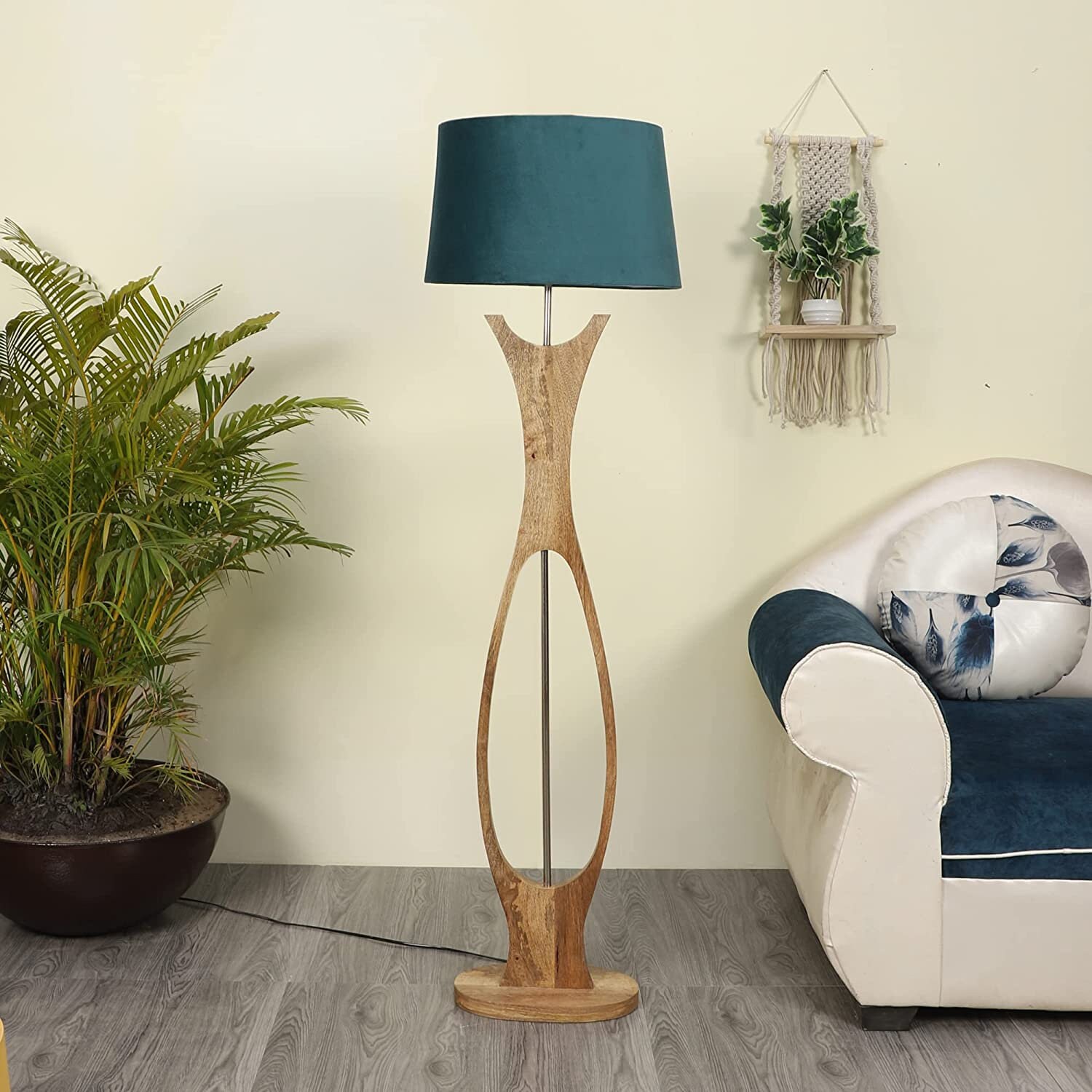 Mango Wood Floor Lamp Grey Velvet Shade Floor Lamp With - Etsy