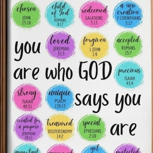 May include: A framed wall art print featuring the text 'you are who GOD says you are' surrounded by colorful circular watercolor-style spots. Each spot contains a positive word and a Bible verse reference in black script and print lettering.