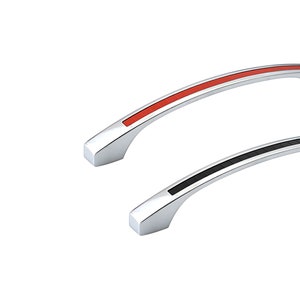 May include: Two cabinet door handles with a chrome finish. One handle has a red accent strip and the other has a black accent strip.