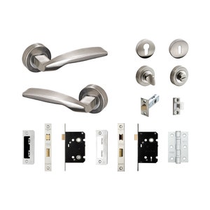 May include: A set of brushed nickel door hardware, including two door handles, two door knobs, two door latches, a pair of hinges, and a strike plate.
