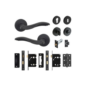 DecorAndDecor - Solace Matt Black Door Lever Handles On Rose - Lever - Latch - Bathroom - Sash Lock Kits