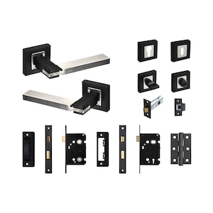 May include: Black door handle set with square backplates and a brushed nickel lever. The set includes two handles, two backplates, two latch plates, two strike plates, and one pair of hinges.