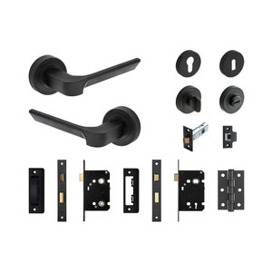 May include: Black door handle set with two lever handles, two door knobs, two latch plates, two strike plates, one pair of hinges, and two keyhole covers.