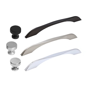 May include: Three cabinet pulls in different finishes: black, nickel, and chrome. Each pull has a curved, modern design. Three matching knobs are also shown in the image.