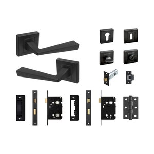 May include: Black door handle set including two lever handles, two square escutcheons, two keyhole covers, two door knobs, two latch plates, two strike plates, one pair of hinges, and two door locks.