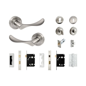 May include: A set of two silver door handles with curved levers, two matching door knobs, two door latches, two door strike plates, a pair of door hinges, and two door lock sets.