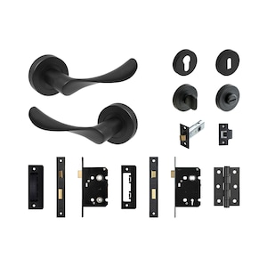May include: A selection of black door hardware, featuring two curved lever handles, keyhole covers, a privacy turn, latches, and hinges. The hardware has a matte finish and a contemporary design.
