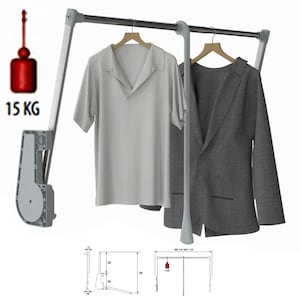 May include: A white and grey retractable clothes rod with a 15 kg weight limit. The rod is extended and has two garments hanging on it. A diagram shows the rod's dimensions: 700 mm wide, 280 mm deep, and 300 mm high.
