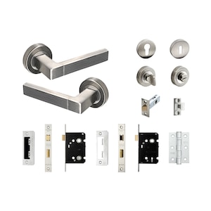 May include: A set of two silver door handles with square levers, two matching door knobs, two door latches, two door strikes, a pair of hinges, and two door lock sets.