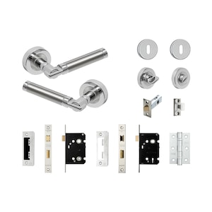 May include: A set of chrome door handles, two door knobs, two door latches, two door hinges, and two door lock sets. The door handles have a lever design and are made of polished chrome.