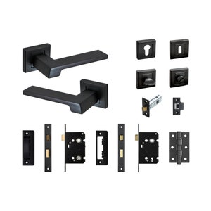May include: Black door handle set with square backplates, lever handles, and a latch. The set includes two handles, two backplates, a latch, a strike plate, and two hinges.
