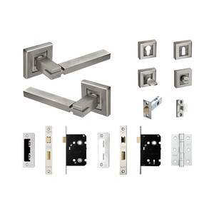 May include: A set of silver door handles with square backplates, two pairs of door hinges, two sets of door latches, and two sets of door knobs.