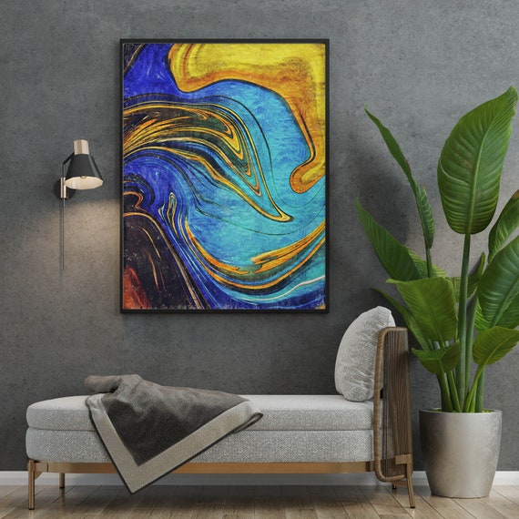 Luxury Abstract Blue and Gold Fluid Art Painting Wall Art Etsy Ireland