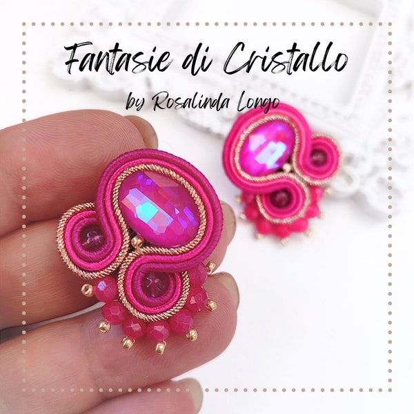 Small lobe earrings in soutache and crystals in fuchsia pink, amaranth red, burgundy