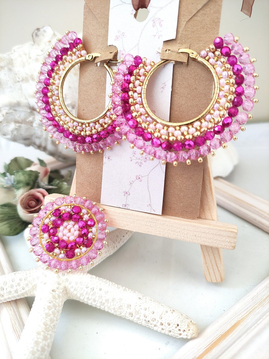 Set of Fuchsia Pink and Gold Hoop and Ring Earrings Made With Crystals