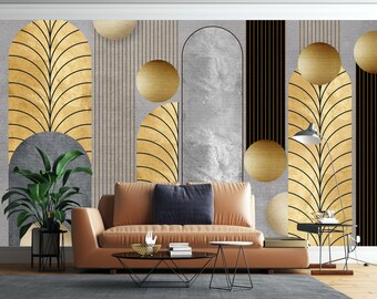 3D-moderne minimalistische, goldene Linien, Kreise auf grauem Marmor Hintergrund, hohe Qualität, Wohnzimmer, Küche, Schälen und Stick, Vlies