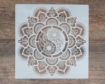 Stencil round mandala with Yin Yang 30 x 30 cm for wall tattoo painting and vintage look stencil textile design, furniture stencil ST-1010613