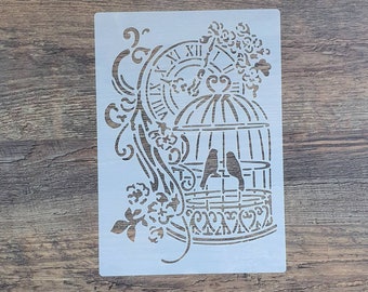 Schablone mit Vogelkäfig für Wandtattoo und Vintagelook Stencil  Textilgestaltung ST-101030 Wandschablone, Möbelschablone