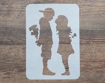 Schablone mit Mädchen und Junge - erste Liebe - küssen Stencil  Textilgestaltung ST-1010647 Wandschablone, Möbelschablone