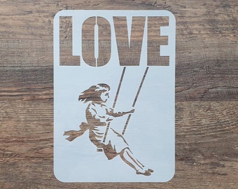 Schablone Mädchen schaukelt am Wort "Love" Stencil  Textilgestaltung ST-1010650 Wandschablone, Möbelschablone