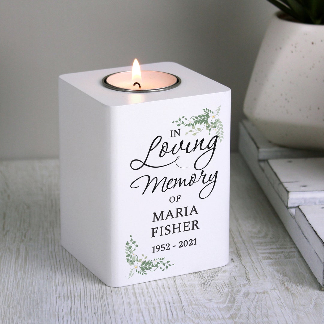 Personalised in Loving Memory White Wooden Tea Light Holder, Beautiful