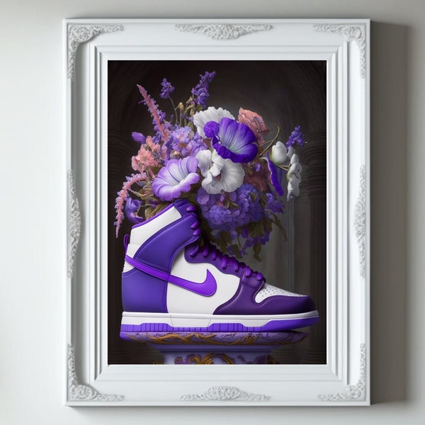 Nike Dunk High Court Paars, sneaker afdrukbare poster, bloemmuurkunst, air jordan, moderne muurkunst, muurkunstposter, bos bloemen