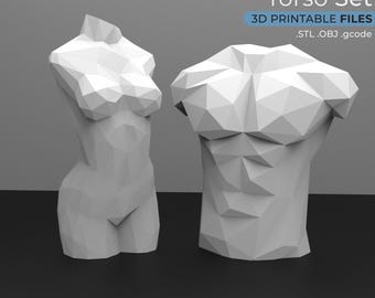 May include: A 3D printable model of a male and female torso. The models are made of white plastic and have a low-poly style. The text "Torso Set" and "3D Printable Files .STL .OBJ .gcode" is displayed above the models.