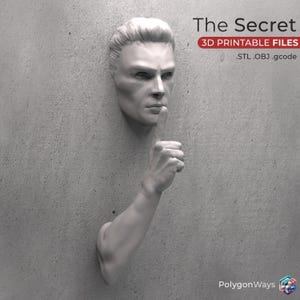 Può includere: Un modello 3D stampabile di una testa e una mano umane che emergono da un muro, con la mano che tiene un dito sulle labbra, come per dire "shh". Il testo "The Secret" e "3D Printable Files .STL .OBJ .gcode" è visualizzato sopra il modello.