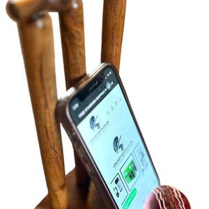Cricket Ball & Wickets Phone Holder: Real Wood Desk Stand