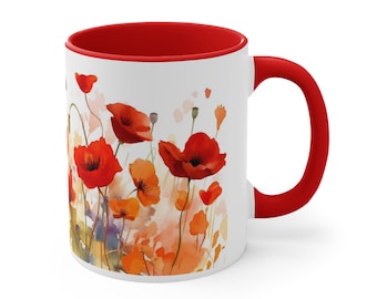 Accent Coffee Mug, 11oz, Poppy Flower Mug, Art Flowers cup, Poppy flower cup