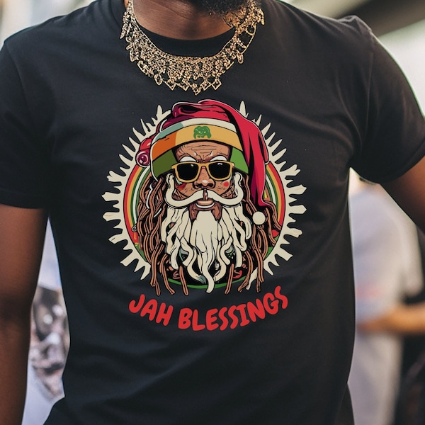 Funny Christmas Rasta Jah Blessings Afro Caribbean Jamaican Flag Colors Rastafarian Santa Claus Reggae Music Unisex Jersey Short Sleeve Tee