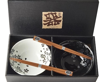 Set of 2 Silver Sakura Bowls with Chopsticks – Japanese Style Ramen or Rice Bowl Set, Handmade Ceramic, Cherry Blossom Pottery Gift