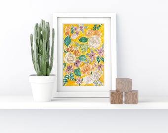 Mustard Floral Watercolor Print, Vertical Floral Artwork, Printable Flower Wall Art, Digital Download Art