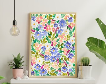 Purple Daisy Floral Watercolor Print, Vertical Floral Artwork, Printable Flower Wall Art, Digital Download Art