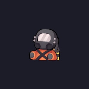May include: A cartoon illustration of a diver wearing an orange and black suit with a black helmet and a yellow and black air tank.