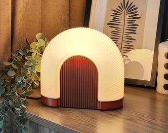 Moderne bedlampjes: maanlamp, gezellig interieur met warm licht, Japandi-tafellamp