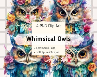 Aquarelle lunatique hibou Clip Art lot de 4, hibou coloré PNG art pour les planificateurs, oiseau clipart animaux de la forêt pour autocollants papier numérique