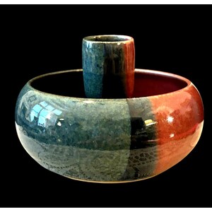 Vintage, Art Studio Pottery Clay Bowl w/Taper Candle Stick, Glazed, signed