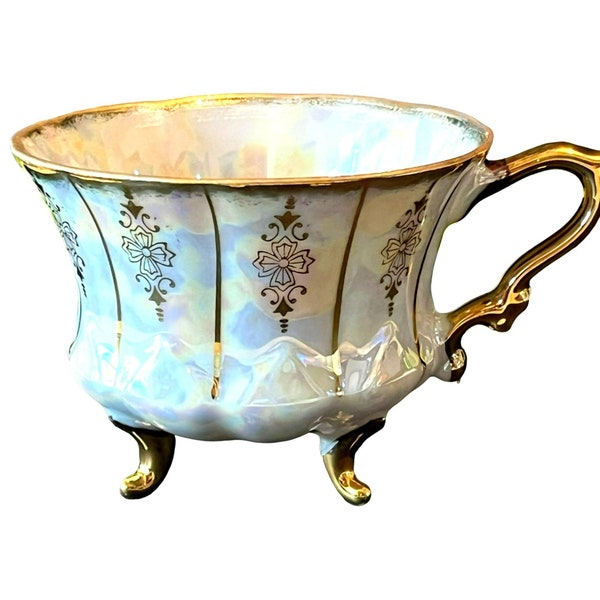 Antique, Footed, Opalescent, Lustreware, Teacup, Gold Handle, Feet, Accents,